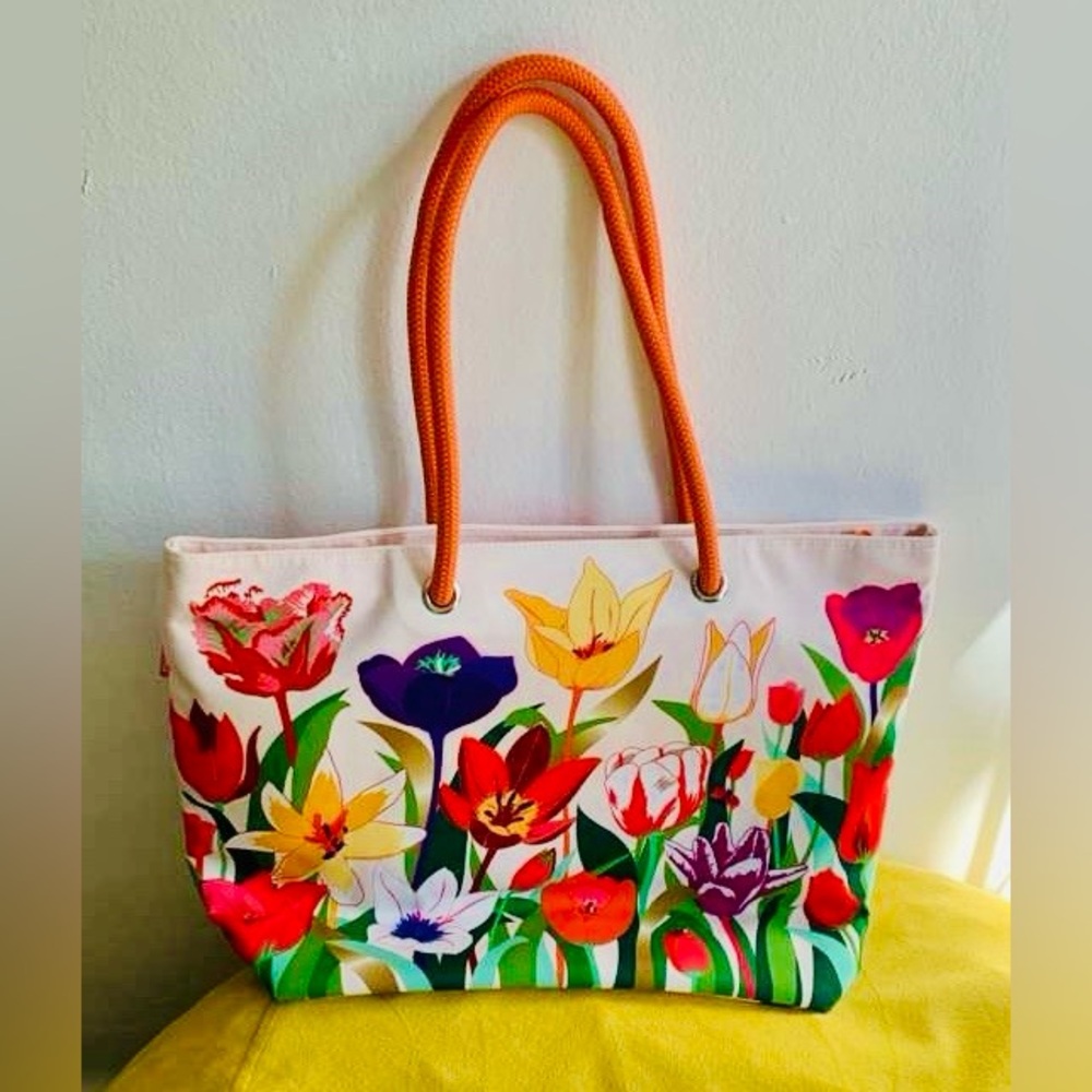 Floral Tote Bag with Orange Handles